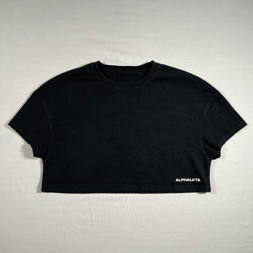 Alphalete Womens Black Cotton Boxy Crop Top Size M Short Sleeve Tee AL21-1069